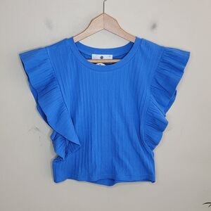 NWT Everyday Chic Boutique Blue  Cropped Ruffle Open Back Top Size Large